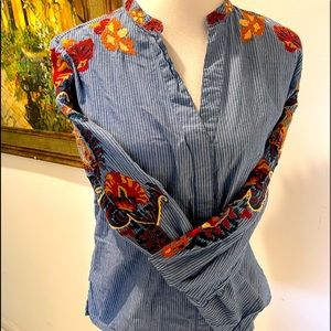 INC Blue Pinstripe Embroidery long Sleeve Top S